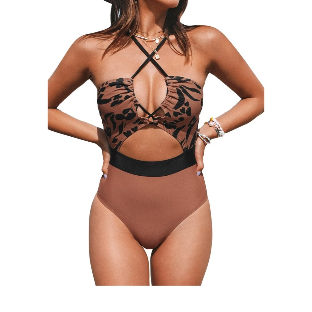 NWT Cupshe Women's One Piece Brown Hook Crisscross Front Drawstring SWIMSUIT